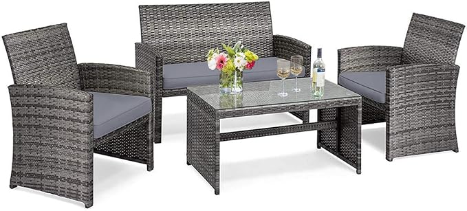 Tangkula 4 Pieces Patio Wicker Conversation Furniture Set, Patiojoy Sofa & Table Set w/4 Seats, Outdoor Rattan Sofa Set for Balcony Backyard, Wicker Chair Set with Tempered Glass Coffee Table