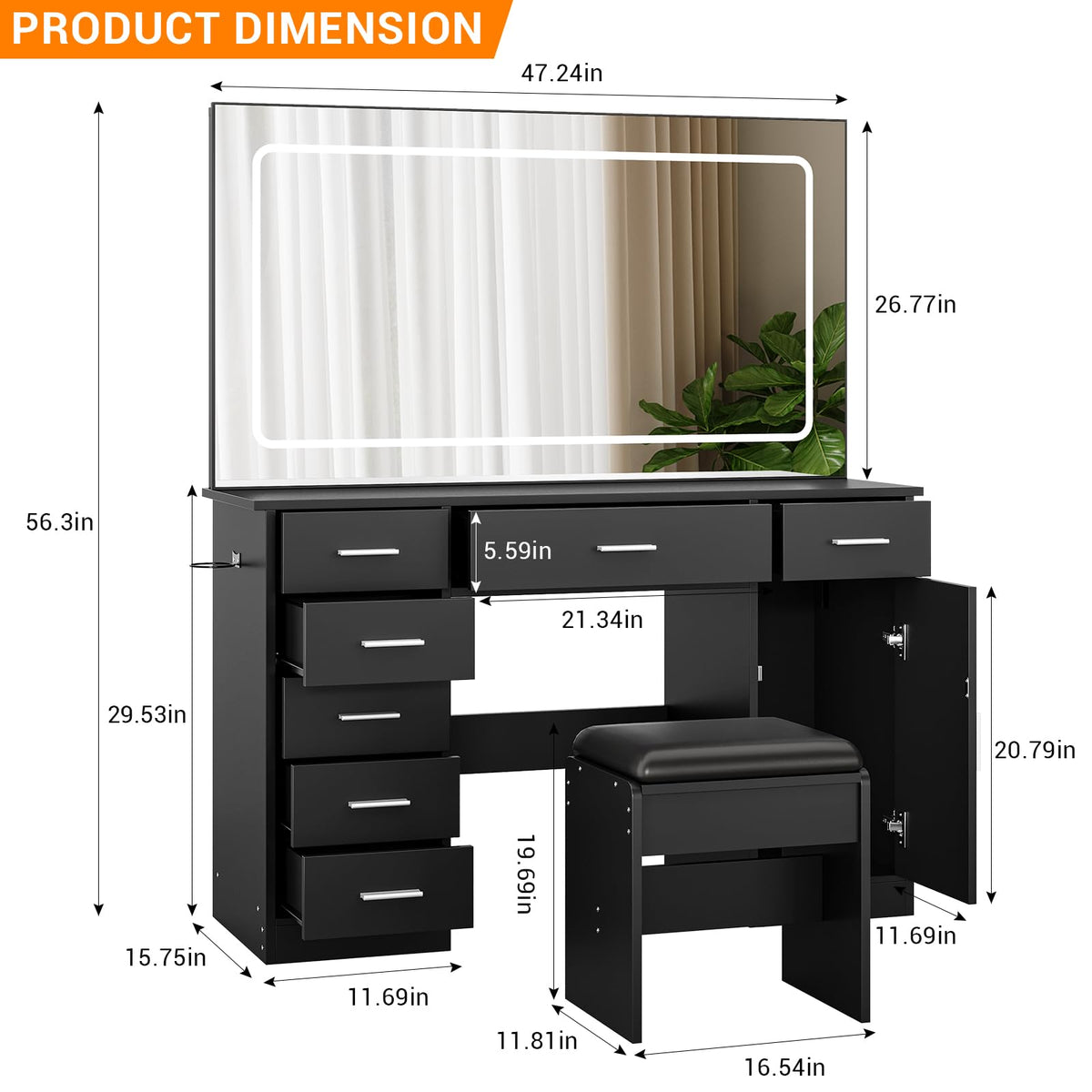 Garvee Modern Vanity Desk with Mirror & LED Lights – 7 Drawers,Black