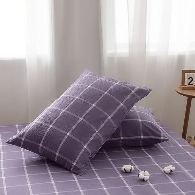 FACE TWO FACE Bedding Duvet Cover Set 3 Pieces 100% Washed Cotton Duvet Cover Linen Like Textured Breathable Durable Soft Comfy (King, Purple Grid)