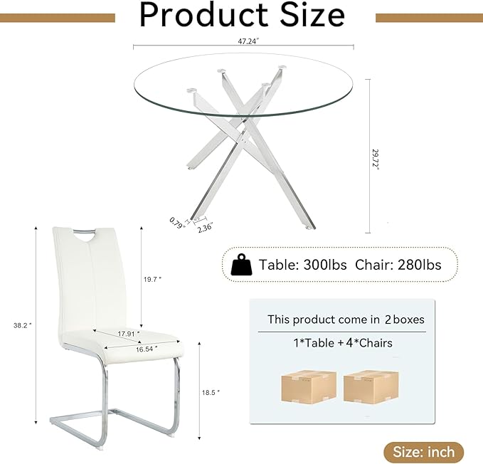 Goujxcy Round Dining Table Set for 4, Modern Glass Kitchen Table and Chairs Set of 4, 5 Piece Dining Room Table Set with 47" Circle Silver Metal Glass Dinner Table and 4 White Leather Dining Chairs