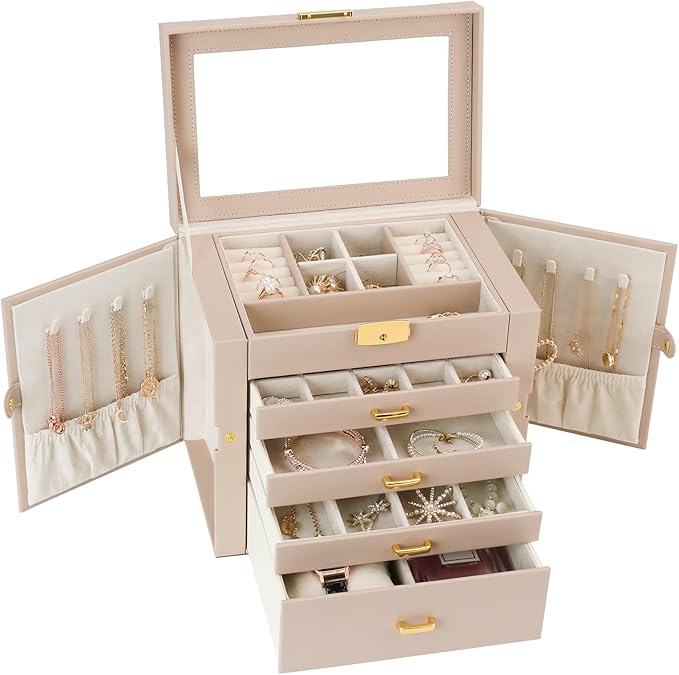 Large Jewelry Box, Jewelry Boxes for Women Large Jewelry Organizers and Storage, Women Large Jewelry Box with Mirror, 5 Layers 4 Drawers Jewelry Box with Handle Jewelry Organizer, Apricot