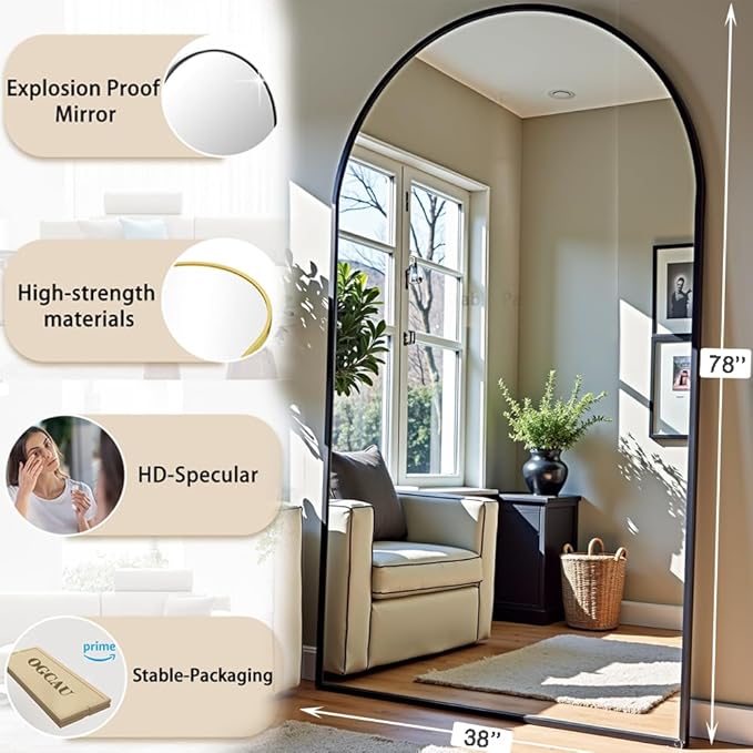 OGCAU Full Length Mirror, 78"x38" Arched-Top Full Body Floor Mirror Hanging or Leaning, Standing, Wall Mounted with Aluminum Frame for Living Room (Black)