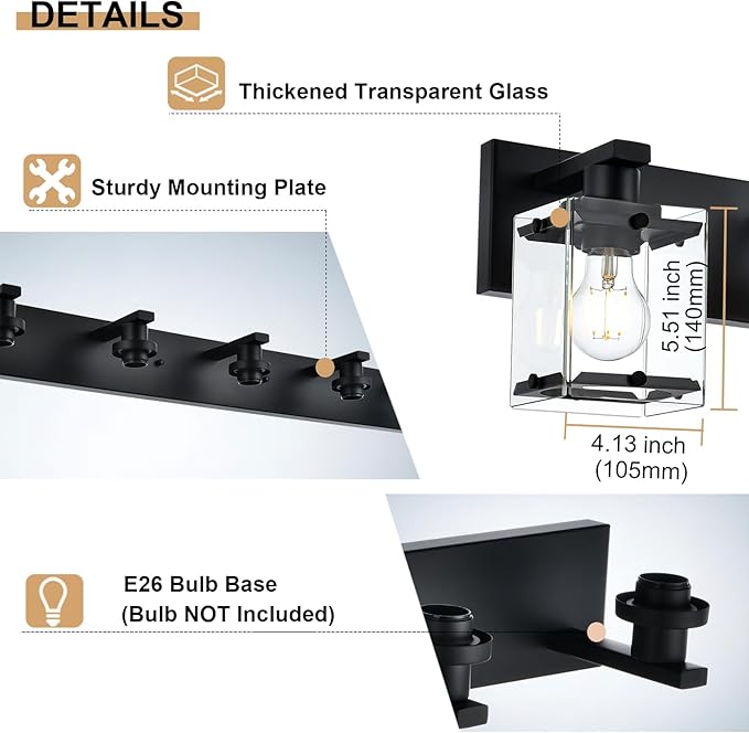 6-Light Bathroom Light Fixture Black Finish, Modern Vanity Lighting with Rectangular Clear Glass for Over Mirror Kitchen E26 Bulb Base