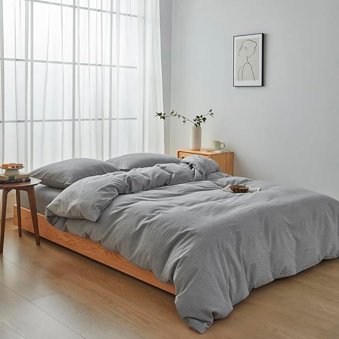 FACE TWO FACE Bedding Duvet Cover Set100% Washed Cotton Duvet Cover Linen Like Textured Breathable Durable Soft Comfy (Queen, Light Grey)
