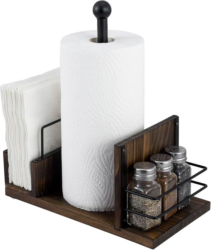 MyGift Rustic Burnt Solid Wood and Industrial Matte Black Metal Dining Combination Caddy with Paper Towel Roll Dispenser Stand, Napkin Holder, and Spice Rack