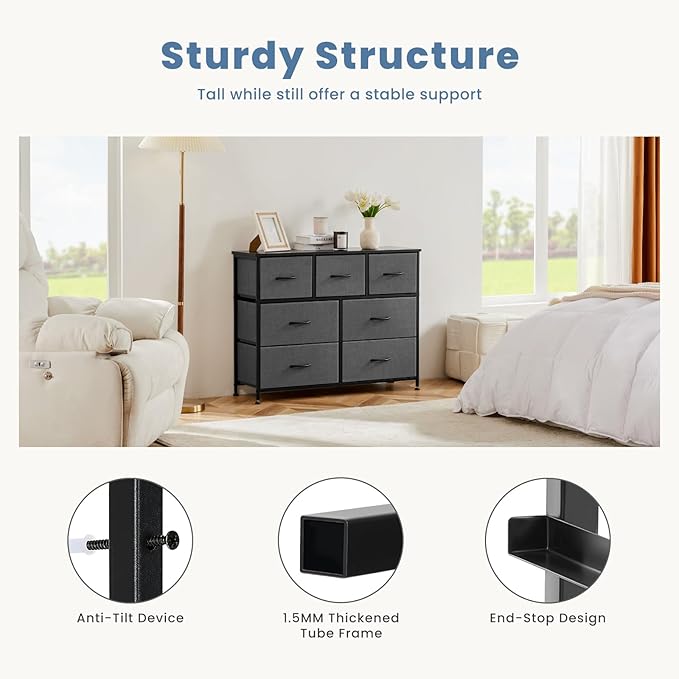 DUMOS Dresser for Bedroom with 7 Fabric Drawers, Chest Organizer Units for Clothing, Closet, Bedroom, Storage Tower with Cabinet, Metal Frame, Wooden Top, Lightweight Nursery Furniture, Grey