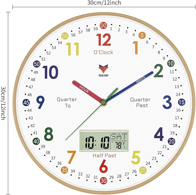 Foxtop Digital and Analog Learning Clock for Kids - Telling Time Teaching Clock 12 Inch Silent Non-Ticking Battery Operated Kids Wall Clock for Playroom Nursery Classroom School