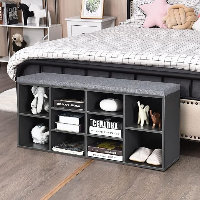 Giantex Shoe Storage Bench with Cushion, Entryway Shoe Rack Bench, Adjustable Shelves, 10-Cubbies Shoe Organizer Bench for Entryway, Living Room, Bedroom, Hallway, Closet, Mudroom (Grey)