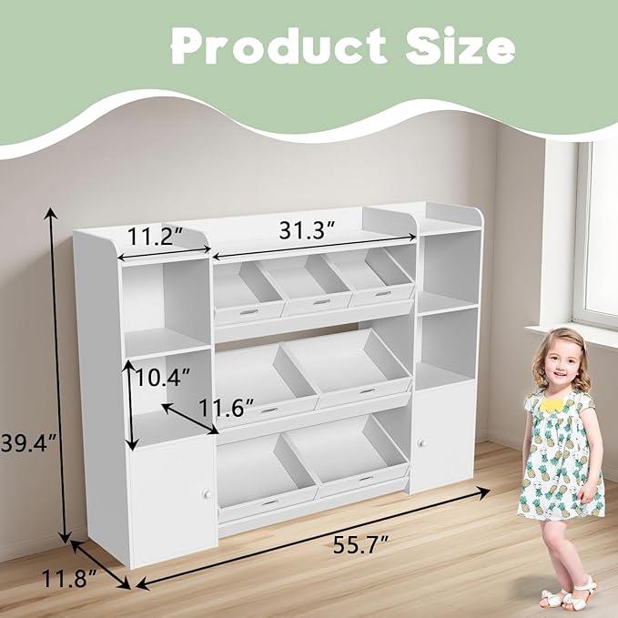 Kids Toy Storage Organizer with 7 Removable Storage Bins, 4 Open Compartments,55.7" W Large Toy Organizers for Playrooms, Bedrooms & Classrooms,Bright White