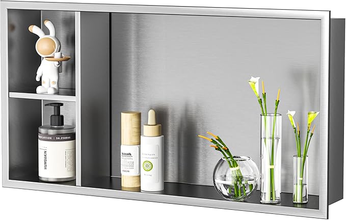 Stainless Steel Shower Niche 24" X 12" Brushed No Tile Needed Wall Niche with Shelf Recessed Horizontal Niches for Bathroom Storage Over Mount Installation