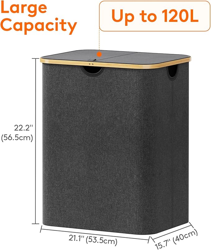 Lifewit 120L Laundry Basket with Lid, Clothes Hampers for Laundry with Bamboo Handles and A Removable Bag, Large Foldable Laundry Hamper for Bedroom, Bathroom, Dorm, Dark Gray