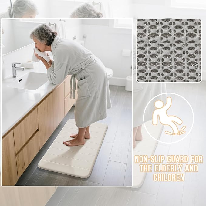 Yimobra Memory Foam Bath Mat, Super Soft Absorbent Bathroom Rug Non Slip 24x17 Inch, Quick Dry, Machine Washable Floor Carpet for Tub Shower, Home Decor Accessories, Cream