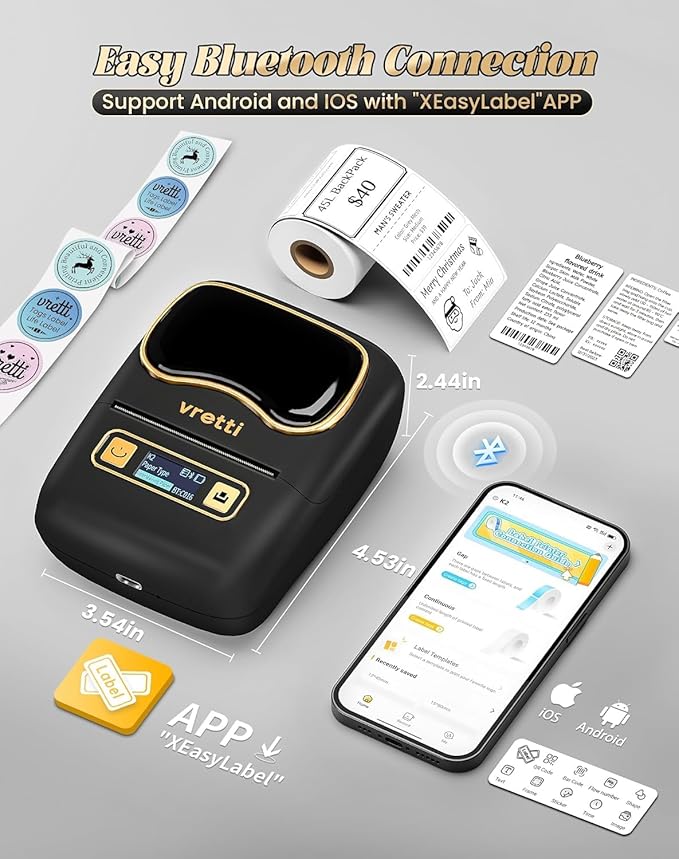 vretti Label Maker Machine with Tape, K2 Label Makers for Kids School Items, 2 Inch Bluetooth Labels Printer for Clothes Address Logo Barcode, Easy to Use, Fits Office Home School Gift - Black