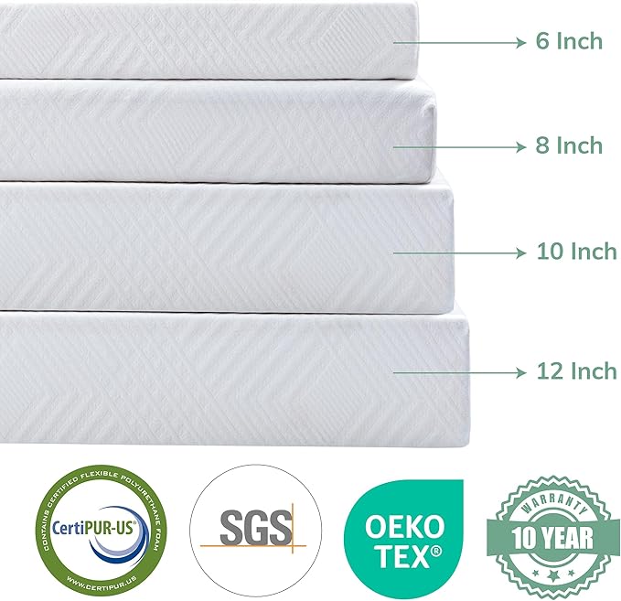 EGO White 12 inch Full Memory Foam Mattress, Gel Green Tea Mattress Bed in a Box, Made in USA, CertiPUR-US Certified, Double Mattress, 54"×75", Medium Firm