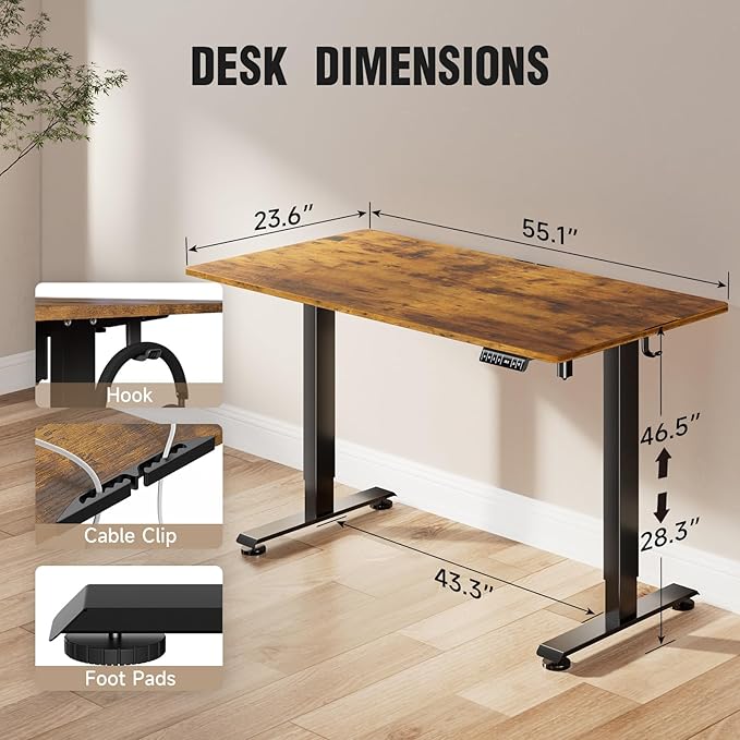 Veken 55 Inch, Height Adjustable Sit Stand Up, Wood Desktop, Work Home Office Computer PC Table, Tall Standup Workstation, Gaming Writing Study Bedroom Rising Desks, Brown