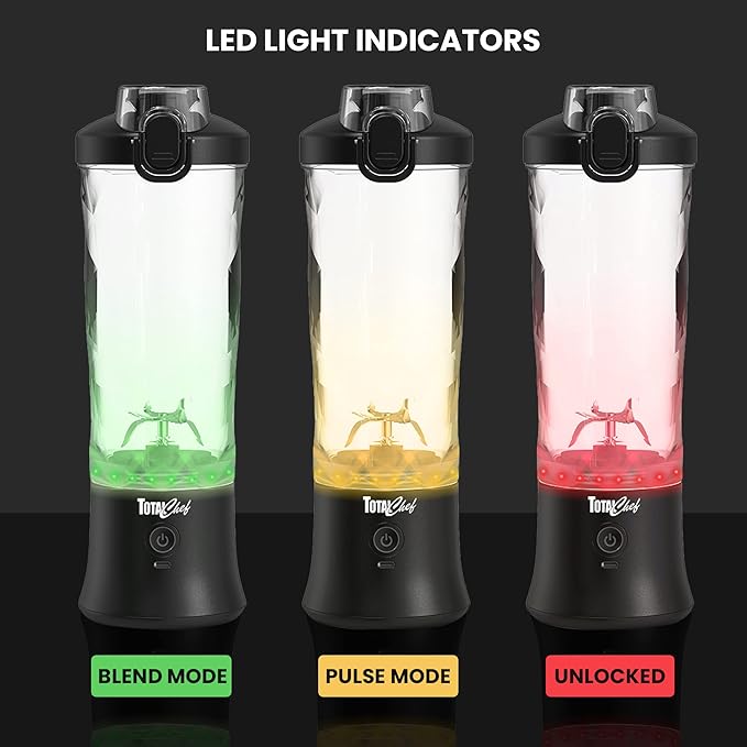 Total Chef Portable Blender - USB Rechargeable Personal Smoothie Mixer, Protein Shake Maker, Cordless Travel Mini Licuadora, Blend Frozen Fruit, Drink Milkshake On The Go,Ice Crusher 20 OZ, Black