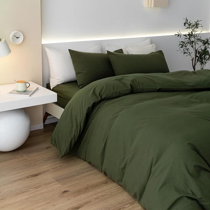 JIYUAN 100% Washed Cotton Duvet Cover Set 3 Pieces Super Queen, 1 Duvet Cover 90x98 Inches(Comforter Not Included) and 2 Pillowcases,Linen Feel Bedding Set Comfy and Breathable,Olive Green