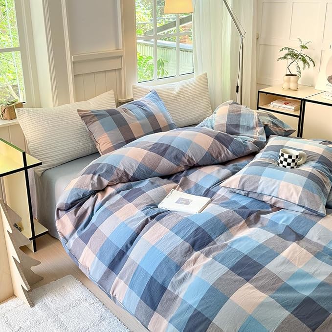 FACE TWO FACE Bedding Duvet Cover Set100% Washed Cotton Duvet Cover Linen Like Textured Breathable Durable Soft Comfy (California King, Cardamom Blue Grid)