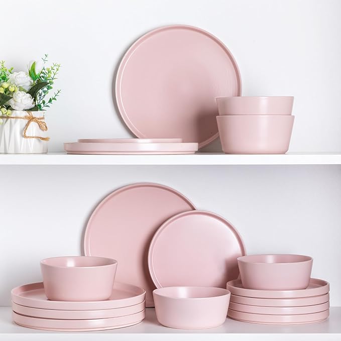 AmorArc Ceramic Dinnerware Sets for 6, Modern Flat Stoneware Plates and Bowls Sets,Chip and Crack Resistant | Dishwasher & Microwave Safe Dishes Set,Scratch Resistant- Service for 6 (18pc)-Matte Pink
