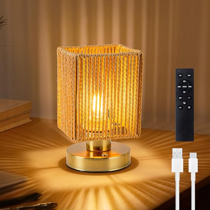 Rattan Table Lamp, 6000mah Battery Operated Table Lamp, Boho Small Desk Lamp, 3 Brightness Dimming for Bedroom Living Room Kids Room Touch Switch, Bulb Included