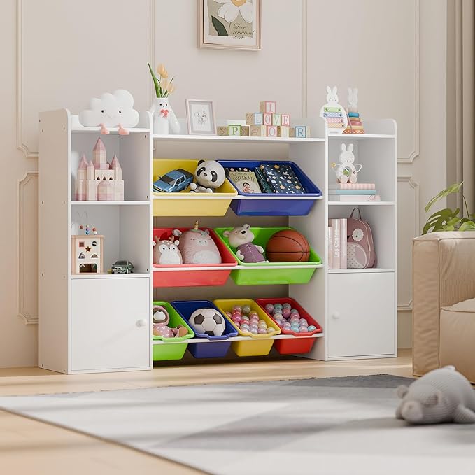 Large Kids Toy Storage Organizer with 4 Shelves and 8 Bins, Contemporary Style, Nursery Toy Organizers