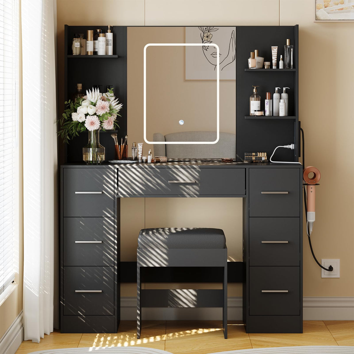 Garvee Makeup Vanity with Mirror and Chair, Power Outlet, Hairdryer Holder, 7 Drawers, 3 Lighting Modes Brightness Adjustable Dressing Table for Bedroom