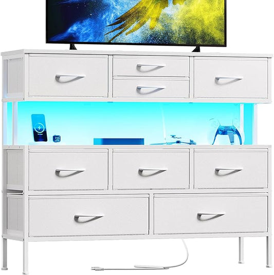 REAHOME Dresser TV Stand with Charging Station and LED Lights, 55” TV Stand Entertainment Center with 9 Drawers, Steel Frame, Large Storage Chest of Drawers for Bedroom, Living Room, White