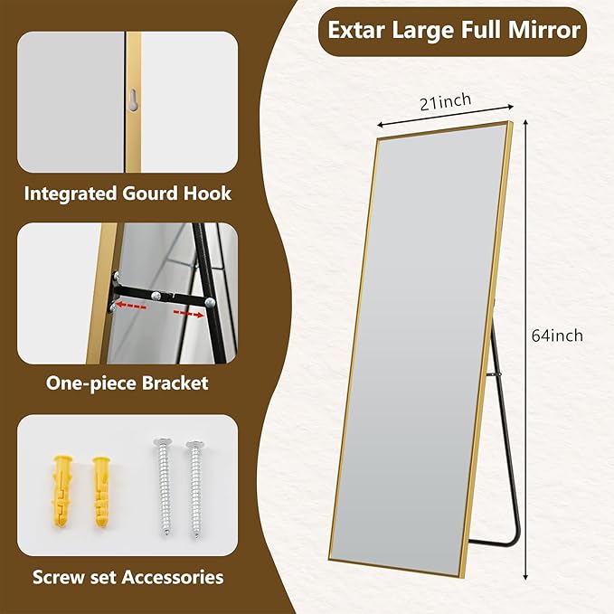Koonmi Large Mirrors, 64"x21" Full Length Mirror with Stand, Full Body Mirror with Aluminum Alloy Frame, Hanging or Leaning Against Wall Floor Standing Mirrors for Bedroom Living Room, Gold