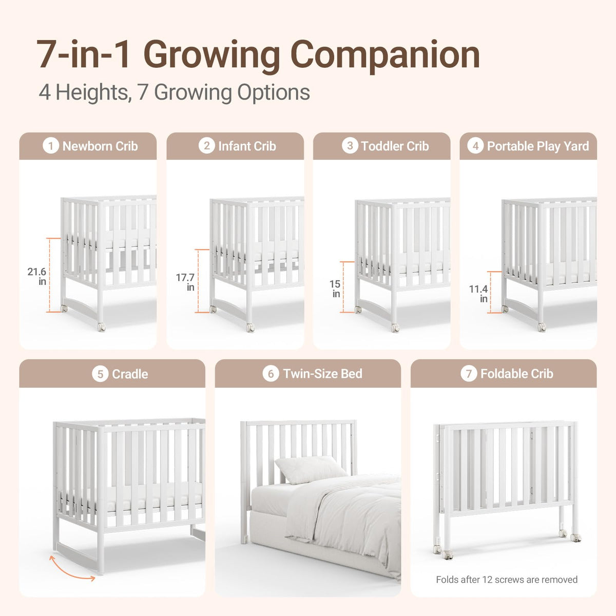 MAMAZING EvoNook 7-in-1 Convertible Baby Mini Crib with Wheels