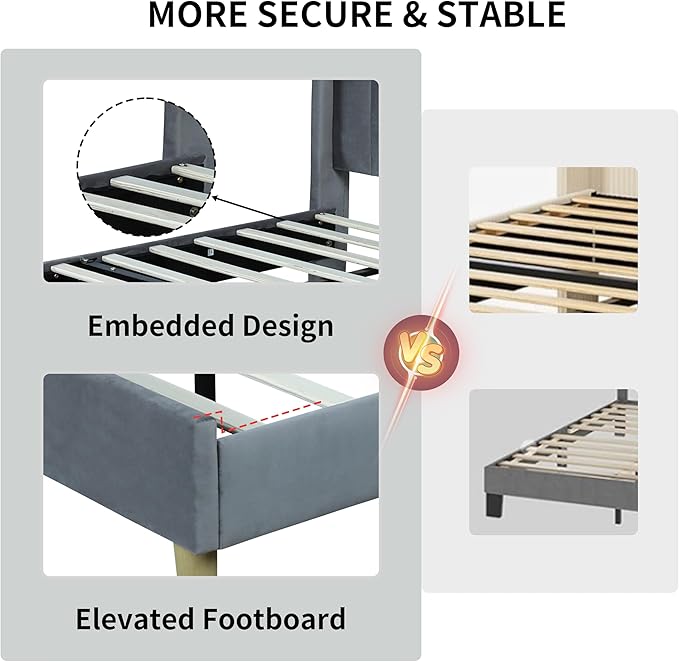 Full Size Upholstered Platform Bed Frame with Modern Wingback & Vertical Panel Headboard, Velvet Fabric, Wooden Legs & Slats Support, No Box Spring Needed, Noise-Free & Easy Assembly, Grey