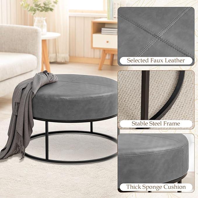 BALLIAA Modern Round Coffee Table, Farmhouse Ottoman for Living Room, Large Vintage Leather Coffee Tables with Leather Upholstered Padded Seat [Round, Vintage Gray, 30'']