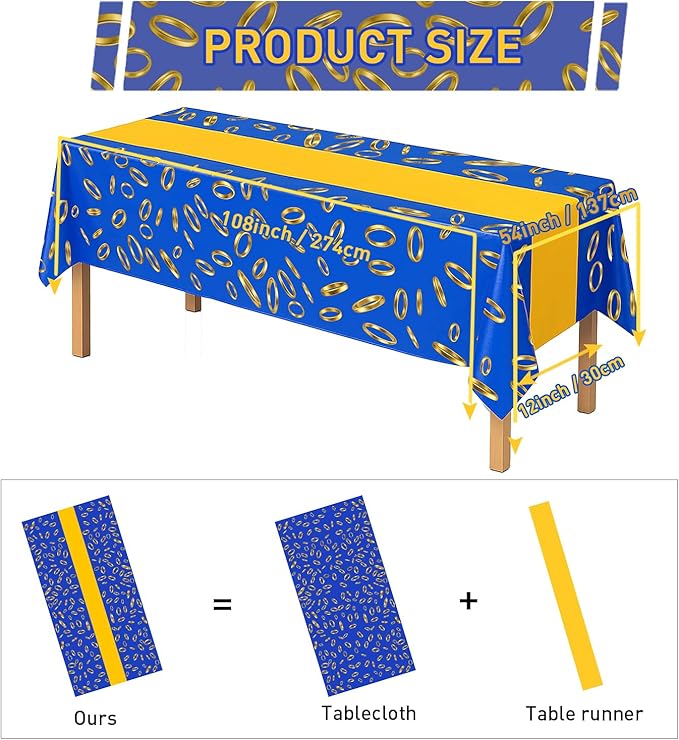 8Pcs 2in1 Gold Ring Birthday Party Decorations Tablecloth, 54" x 108" Table Cloth Disposable Rectangle Plastic Table Cover for Kids Baby Shower Party Supplies