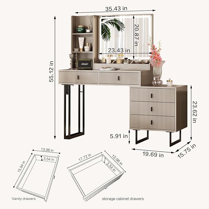 Large Vanity Desk with 3 Color Touch Screen Dimming Mirror, Vanity Desk with Charging Station, Modern Retractable Makeup Dressing Table, Makeup Table with Storage Shelves and 5 Sliding Drawers