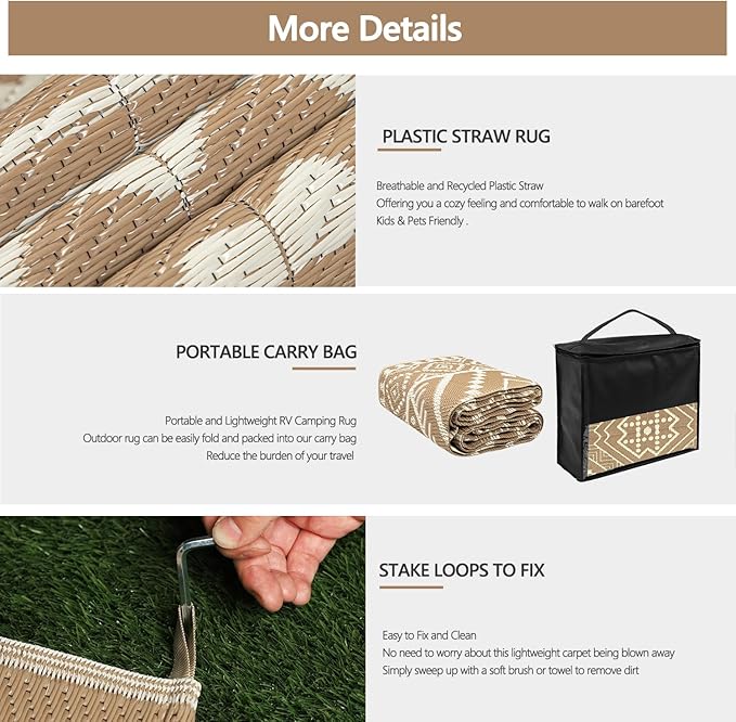 Waterproof Outdoor Rug 5x8 ft, Reversible Plastic Straw Mat, Large Floor Mat for Patio, Camping, Picnic, Backyard RV, Deck, Beige