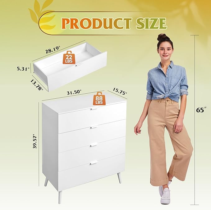 WLIVE 4 Drawer Dresser for Bedroom, Tall Wood Dresser, Modern White Dressers with Sturdy Metal Handle, Small Chest of Drawers for Living Room, Hallway