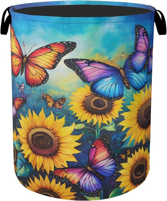 Butterfly Sunflower Laundry Basket - Heavy Duty 60L Dirty Clothes Organizer, Water Resistant Foldable Hamper for Men Women
