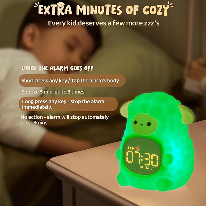 Sheep Alarm Clock with Night Light for Kids with Sleep Training and Sound Machine, Rechargeable Silicone Lamp OK to Wake Clock，Cute Animal Tabletop Lamp, Perfect Sleep Companion for Boys Girls, Khaki
