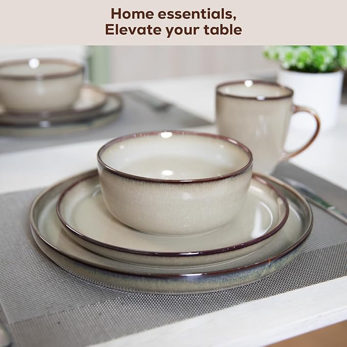 Romswi Dinnerware Set for 4, 16Pcs Stoneware Plates and Bowls Sets with Mugs, Chip & Scratch Resistant Dish Set, Handmade Reactive Glaze Plate Sets, Oven & Microwave and Dishwasher Safe,Wheat Green