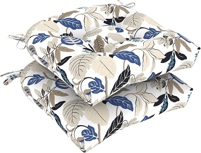 Set of 2 Outdoor Tufted Chair Cushions 19"x19"x4", Water Repellent Patio Seat Cushions with Ties, Replacement Chair Pads for Wicker Dining and Patio Furniture - Breeze Leaves Beige