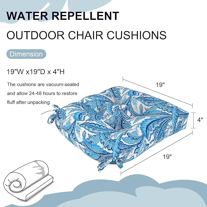 Set of 2 Outdoor Tufted Chair Cushions 19"x19"x4", Water Repellent Patio Seat Cushions with Ties, Replacement Chair Pads for Wicker Dining and Patio Furniture - Monotone Leaves Blue