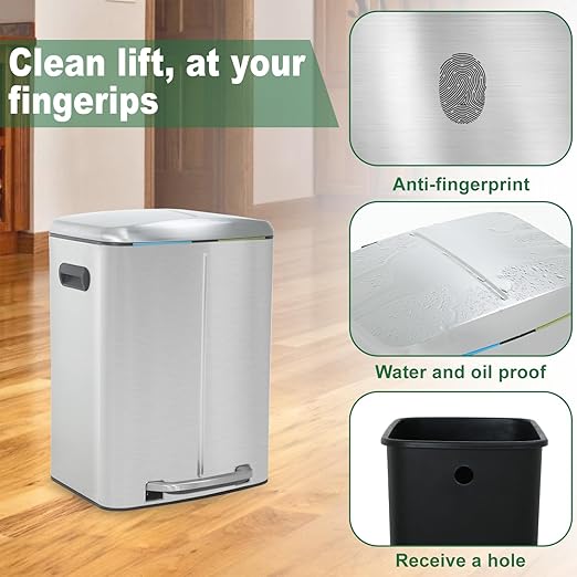 PayLessHere Stainless Steel Trash Can with Lid - Removable Inner Bucket, Foot Pedal, Soft Close for Office, Home, Kitchen - Garbage Bin (10 G)