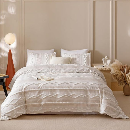 Boho Beige Comforter Full Set Striped Comforter 3 Pieces Tufted Geometric Bedding Set Soft Fluffy Geometric Pattern Bedding for All Seasons