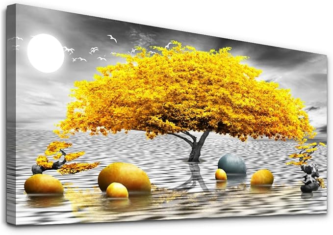 Canvas Wall Art For Living Room & Bedroom - Abstract Black & White Art, Yellow Tree Paintings - Large Wall Artworks For Home & Office Decoration