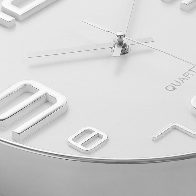Bernhard Products Silver Wall Clock 12 Inch Silent Non-Ticking Quality Quartz Battery Operated Round White Decorative Modern Design for Home/Office/Kitchen/Bedroom/Living Room (Silver & White)