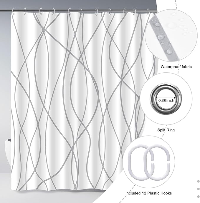 Punkray Grey and White Striped Polyester Shower Curtain for Bathroom with Hooks, Weighted Hem, Waterproof Bath Accessories Hotel Style - Machine Washable, 72 x 78