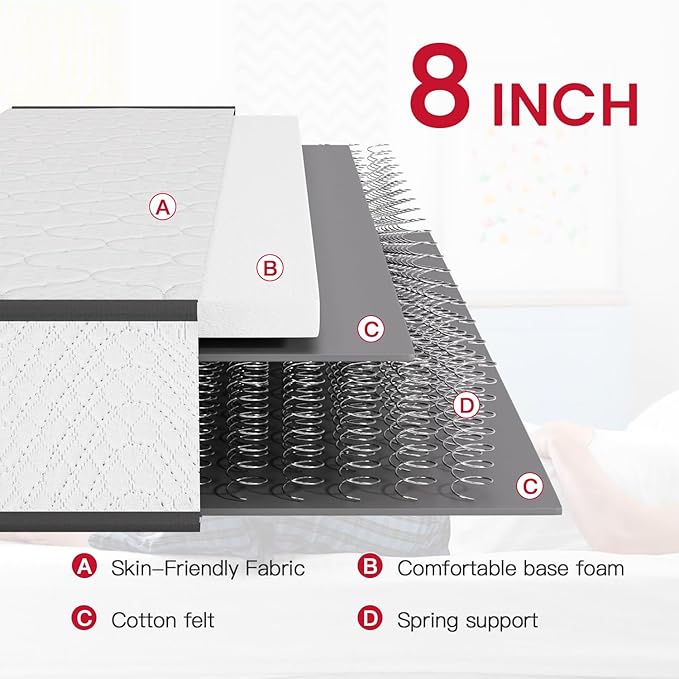 PayLessHere 8 Inch Mattress Medium Firm Spring Mattress Cool Sleep Pressure Relief King Size Mattress in a Box Fiberglass Free CertiPUR-US Certified Breathable Foams Mattress
