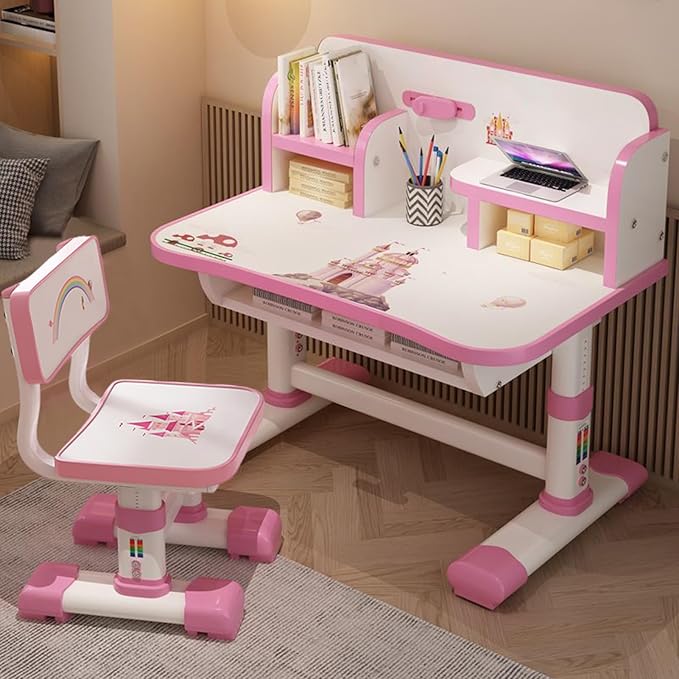 Kids Functional Desk and Chair Set, Height Adjustable Children School Study Table Chair Set with Cartoon Pattern, Ergonomic Desk Chair with Large Writing Board, Bookshelf and Book Bucket