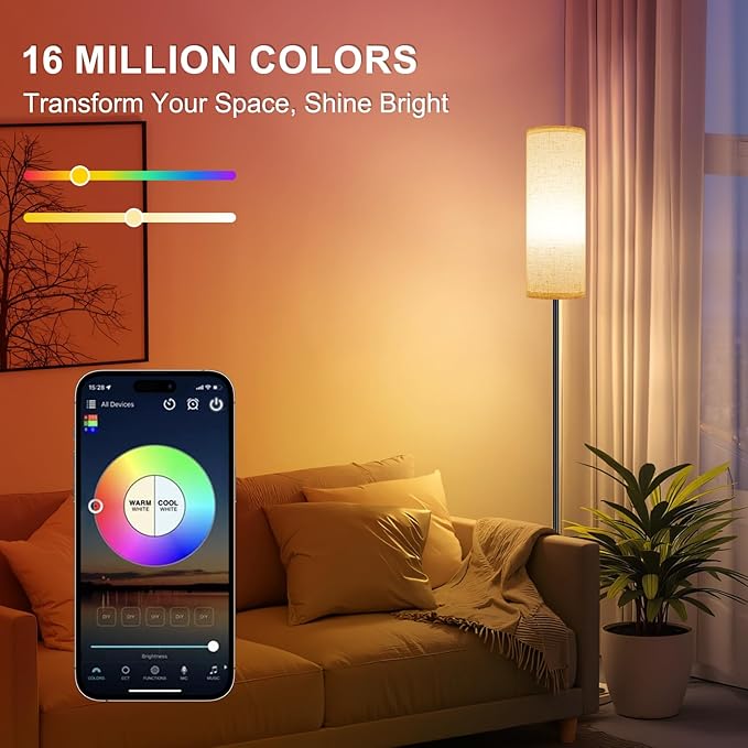 FRIDEKO HOME Floor Lamps for Living Room, Dimmable 3 Colors Temperature, Modern Corner Floor Lamp with Remote, Tall Standing Lamps for Kid Room Bedroom, Foot Switch, Beige Shade, 9W RGB LED Bulb