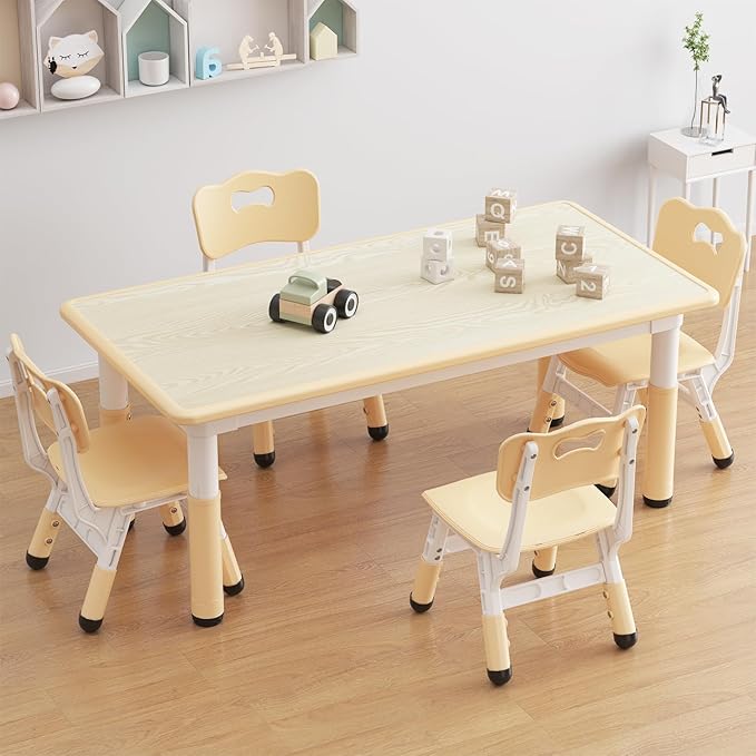 Kids Table and Chair Set, Height Adjustable Toddler Table and 4 Chairs Set for Ages 2-10, Graffiti Desktop, Non-Slip Legs, Arts & Crafts Table, Children Activity Table for Daycare Classroom Home