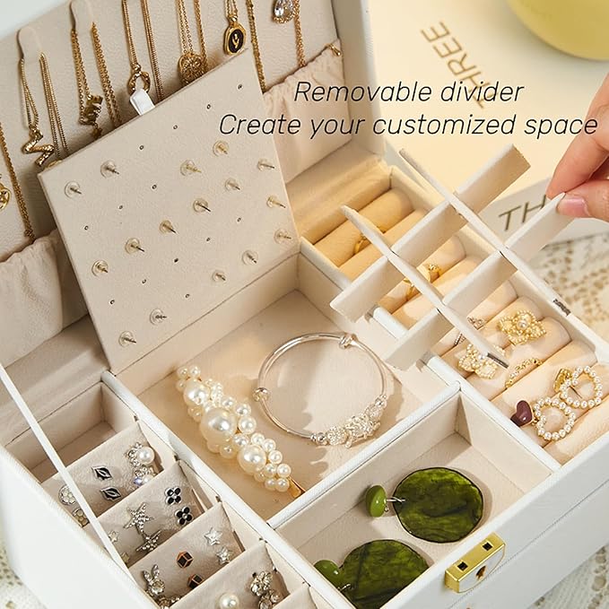 3 Layer Jewelry Box, Jewelry Holder Organizer with Jewelry Organizer Drawer, Large Jewelry Boxes & Organizer with Velvet Earring Organizer, Lockable Jewelry Holder, Unique Gifts for Women Mom (White)
